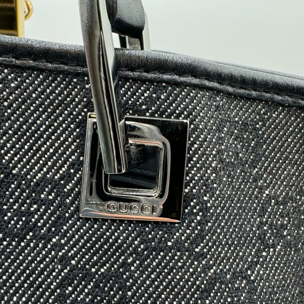 Gucci-Authentic-Vintage Tote Bag GG Black Denim/ Leather straps & Piping - Picture 3 of 16